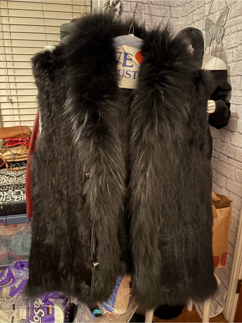 Black rabbit Fur Vest with fox Plush Collar